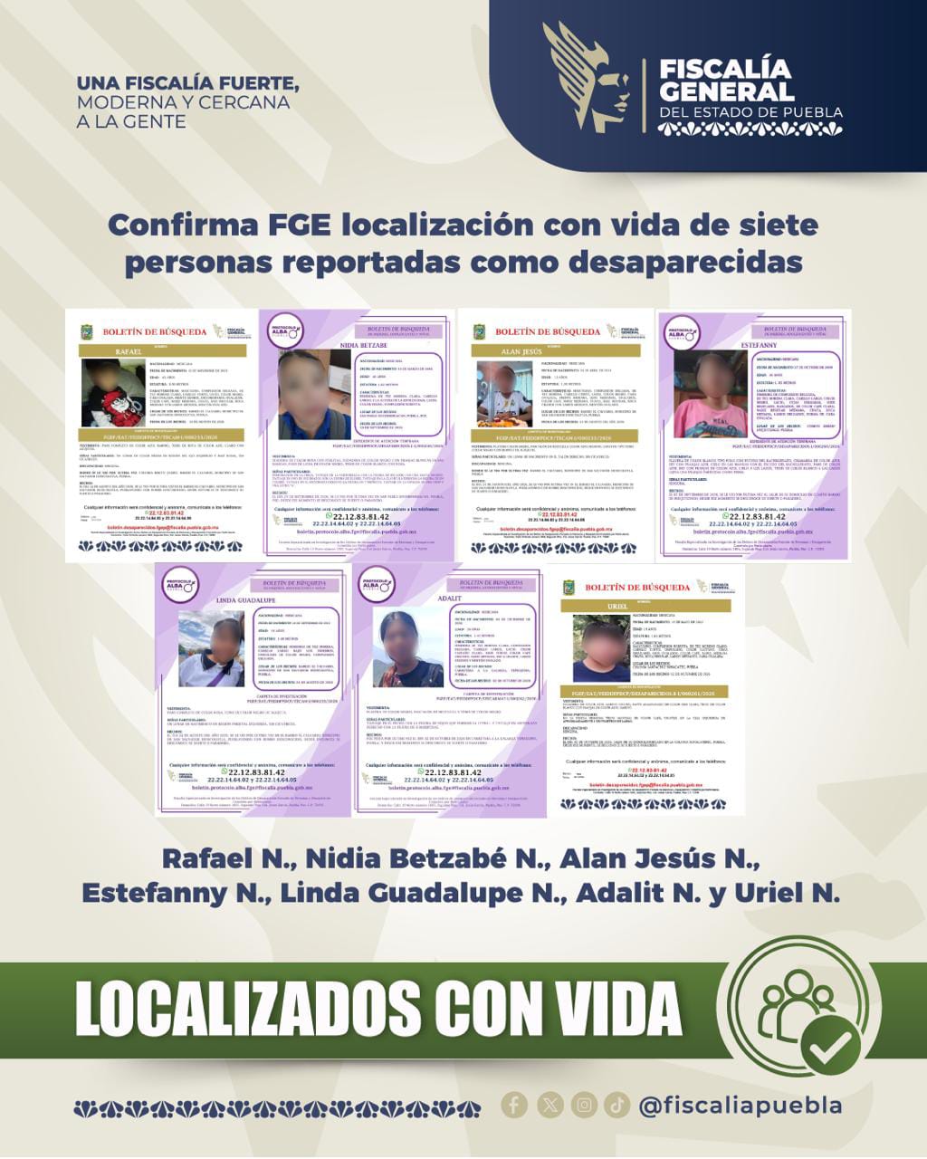 Confirma FGE localización con vida de siete personas reportadas como desaparecidas