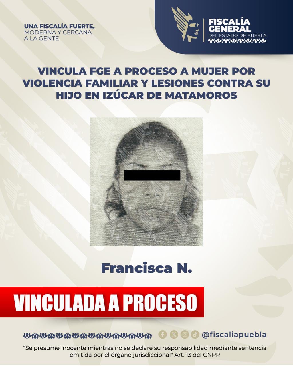 Vincula FGE a proceso a mujer por violencia familiar y lesiones contra su hijo en Izúcar de Matamoros